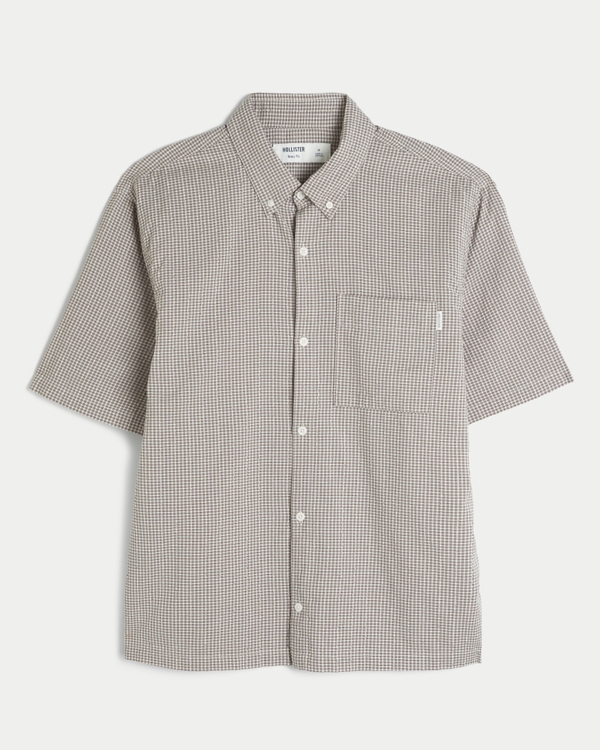 Boxy Short-Sleeve Seersucker Shirt, Brown Gingham view 1