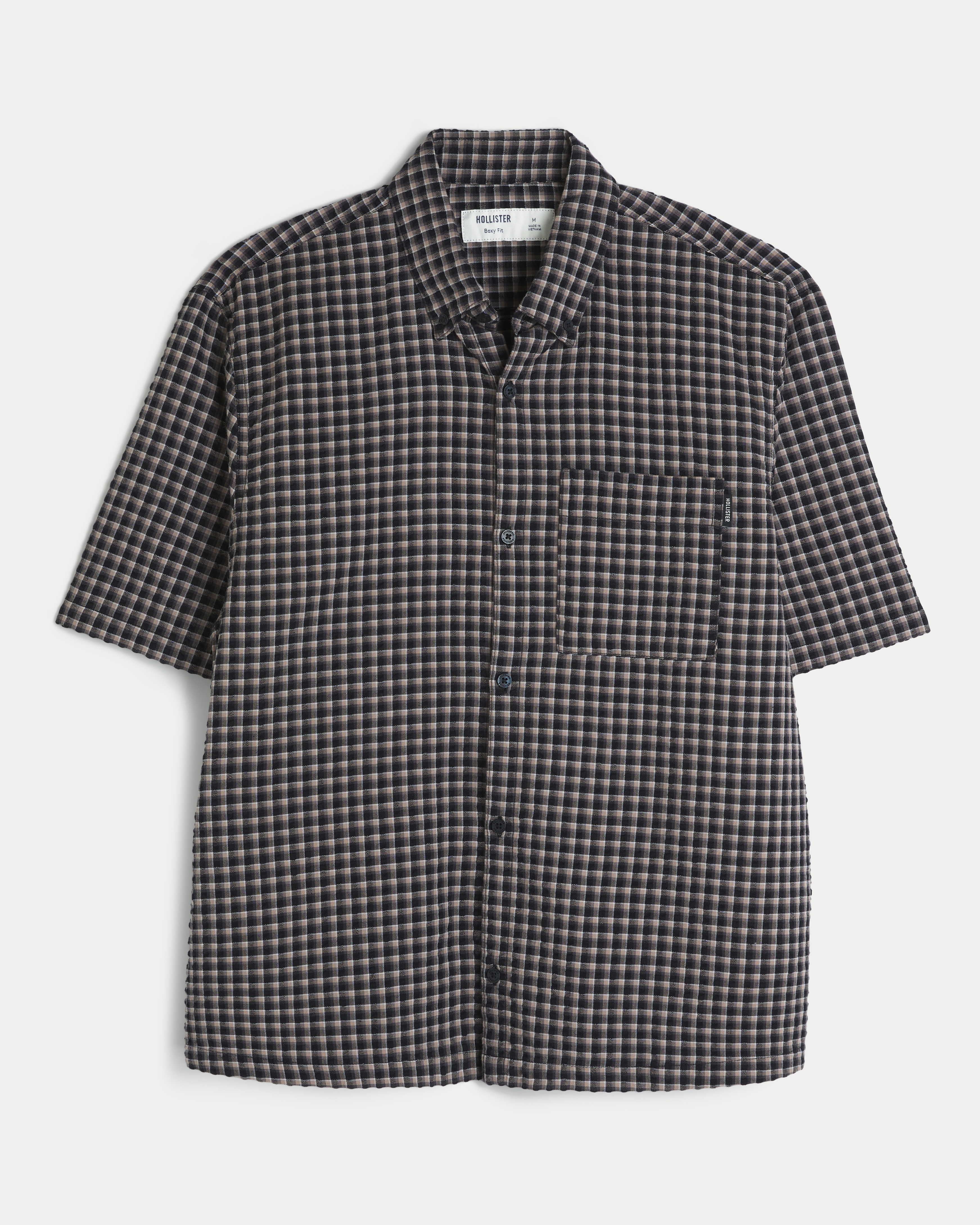 Boxy Short-Sleeve Seersucker Button-Through Shirt
