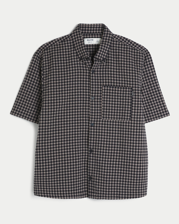 Boxy Short-Sleeve Seersucker Shirt, Black Plaid view 1