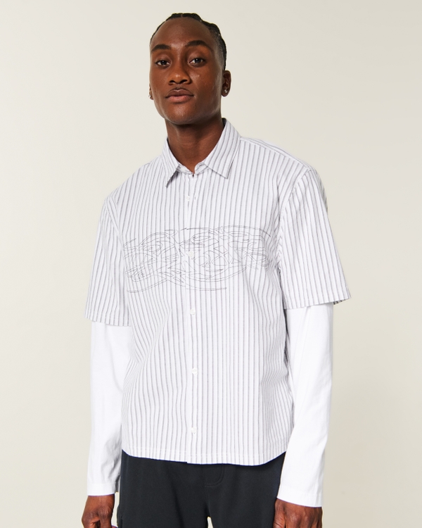 Boxy Layered Poplin Graphic Shirt, White Stripe view 1
