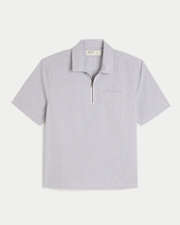 Boxy Short-Sleeve Half-Zip Shirt, Navy Stripe view 1