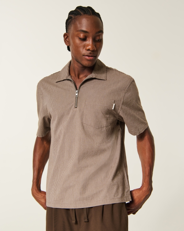 Boxy Short-Sleeve Half-Zip Shirt, Light Brown Stripe view 1