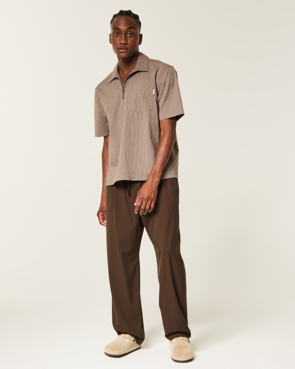 Boxy Short-Sleeve Half-Zip Shirt, Light Brown Stripe view 2