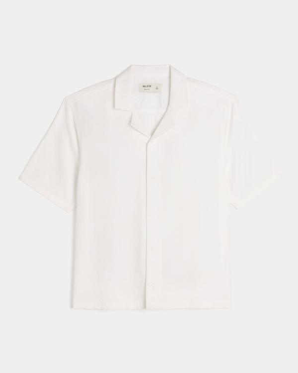 Boxy Short-Sleeve Textural Linen-Blend Shirt, White view 1
