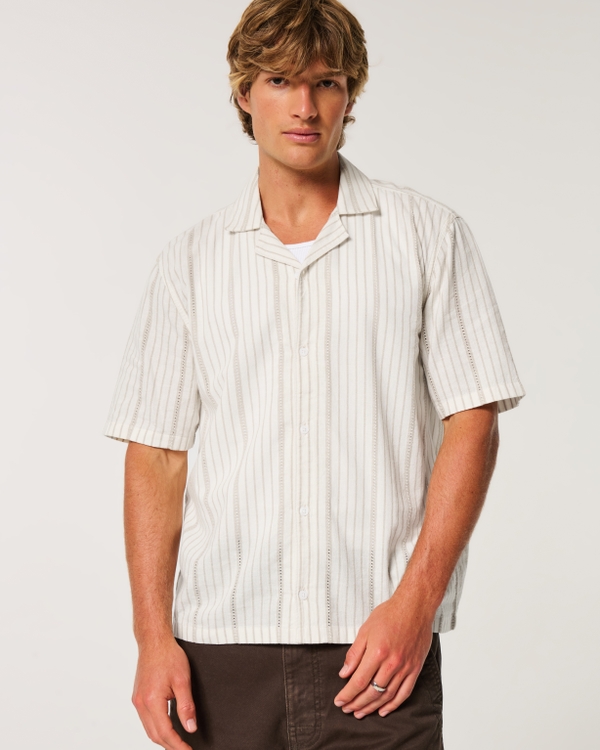 Boxy Short-Sleeve Textural Linen-Blend Shirt, White Stripe view 1