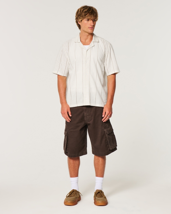 Boxy Short-Sleeve Textural Linen-Blend Shirt, White Stripe view 2