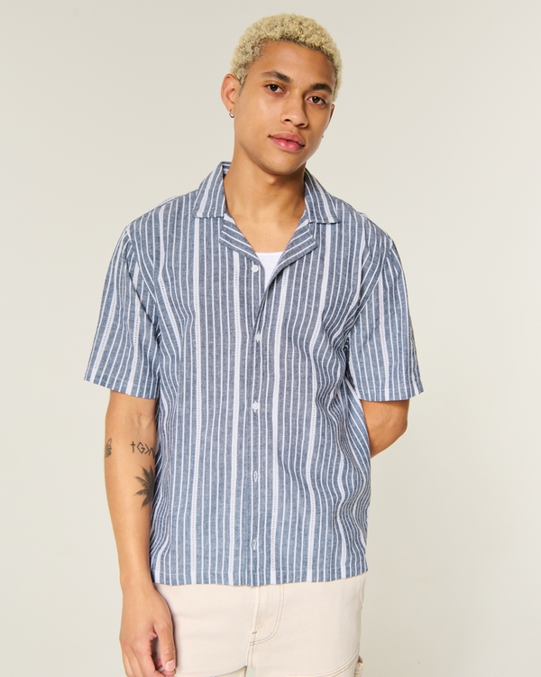 Boxy Short-Sleeve Textural Linen-Blend Shirt, Blue Stripe view 1