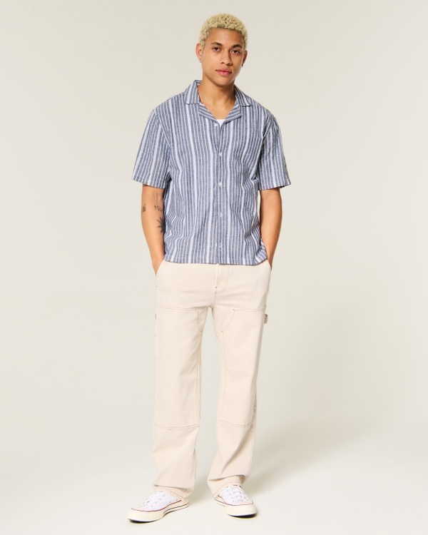 Boxy Short-Sleeve Textural Linen-Blend Shirt, Blue Stripe view 2