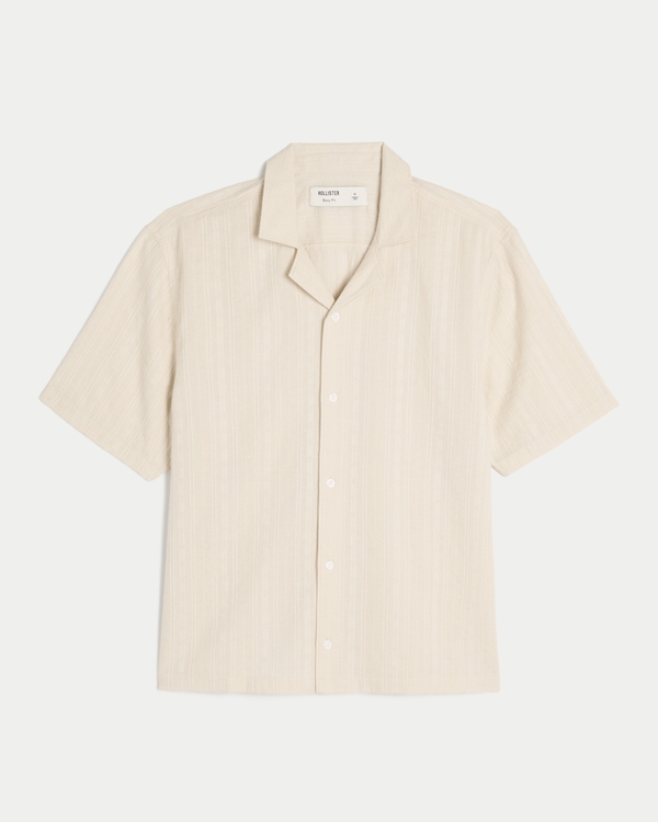 Boxy Short-Sleeve Textural Linen-Blend Shirt, Light Taupe view 1