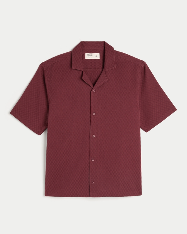 Boxy Short-Sleeve Textural Linen-Blend Shirt, Burgundy view 1