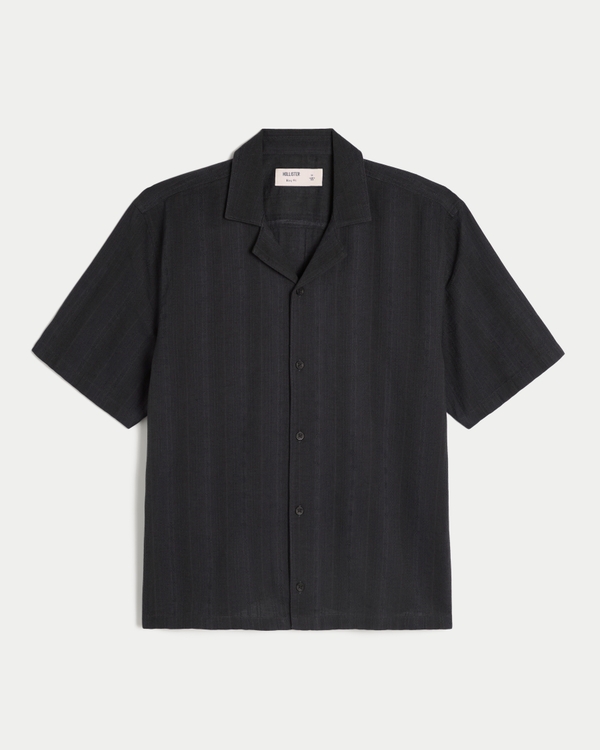 Boxy Short-Sleeve Textural Linen-Blend Shirt, Charcoal view 1