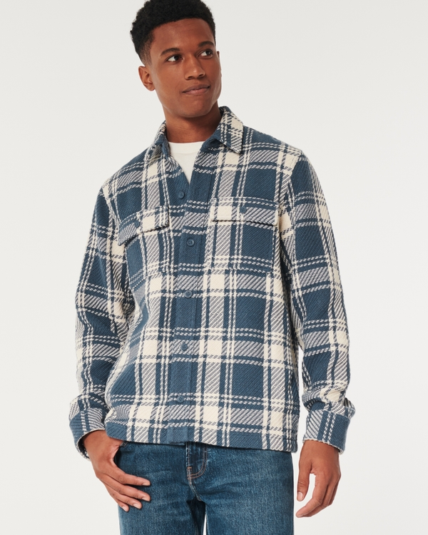 Textured Twill Shirt Jacket, Navy Plaid