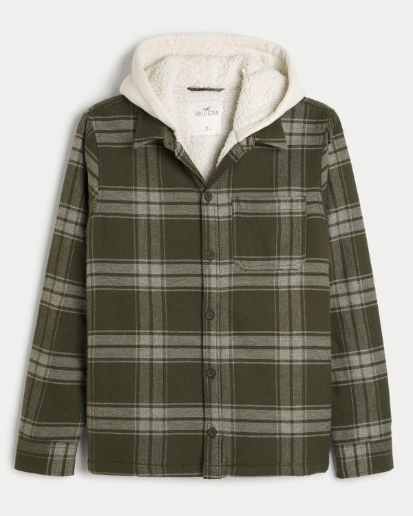 Faux Shearling-Lined Shacket, Olive Plaid