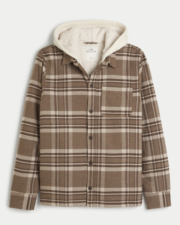 Faux Shearling-Lined Shacket, Brown Plaid
