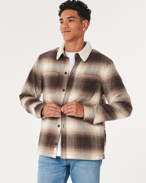 Faux Shearling-Lined Shacket, Brown Plaid