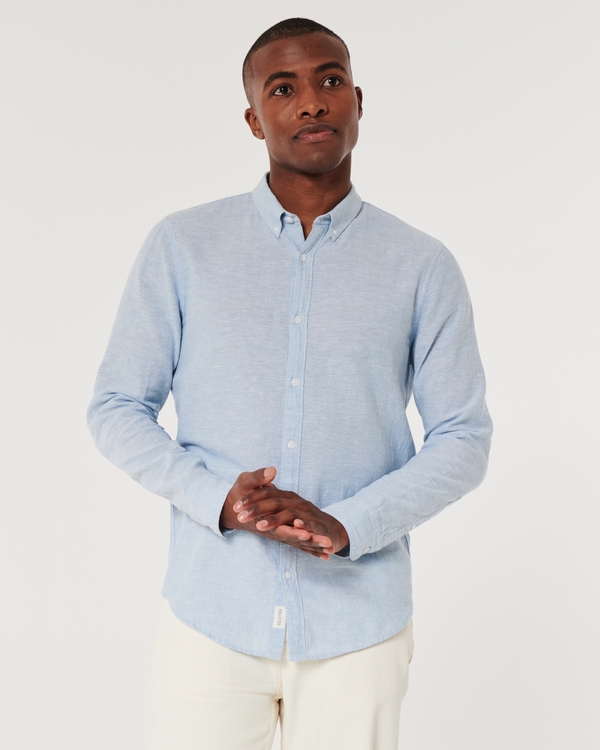 Long-Sleeve Linen Blend Button-Through Shirt, Light Heather Blue