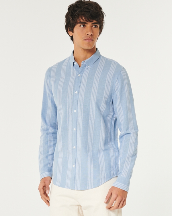 Long-Sleeve Linen Blend Button-Through Shirt, Blue Stripe