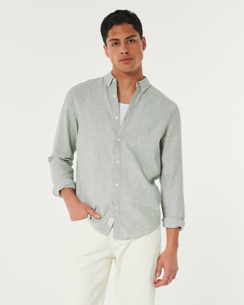 Men's Long-Sleeve Linen Blend Button-Through Shirt, Men's Tops