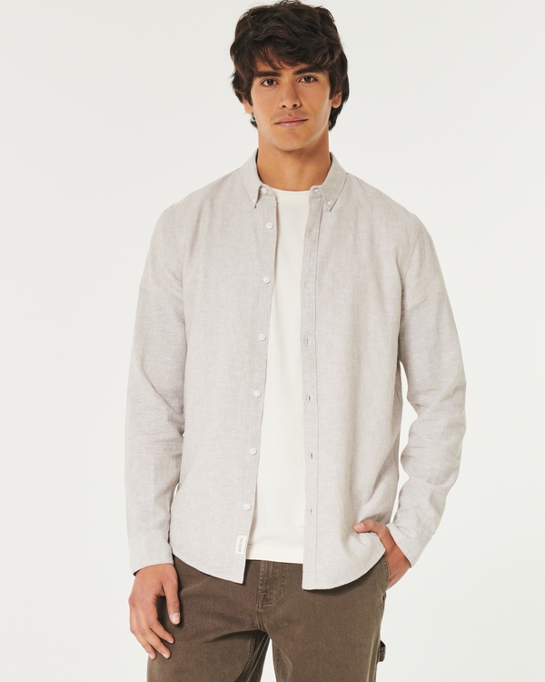 Long-Sleeve Linen Blend Button-Through Shirt, Light Heather Brown