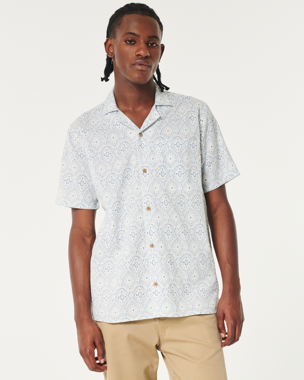 Short-Sleeve Pattern Button-Through Shirt, White Pattern