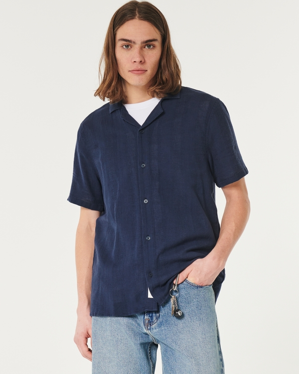 Relaxed Textured Stripe Short-Sleeve Shirt, Navy