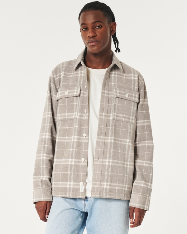 Twill Shacket, Tan Plaid