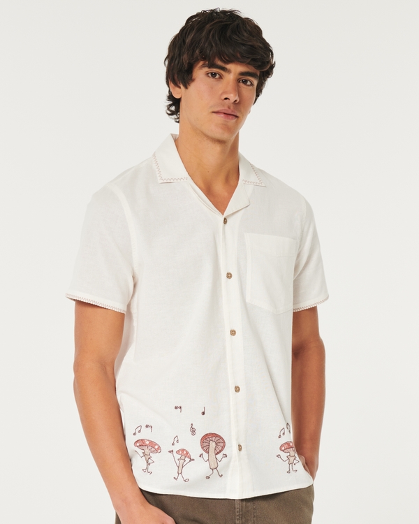Short-Sleeve Embroidered Mushroom Graphic Shirt, Cream