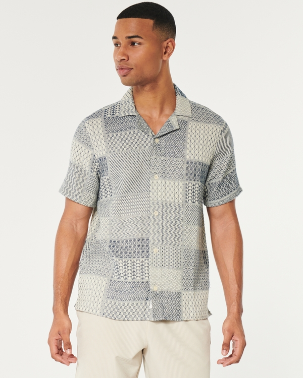 Short-Sleeve Jacquard Button-Through Shirt, Navy Pattern
