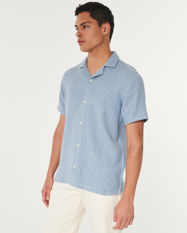 Short-Sleeve Jacquard Button-Through Shirt, Blue Pattern