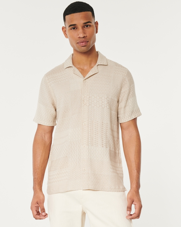 Short-Sleeve Jacquard Button-Through Shirt, Tan
