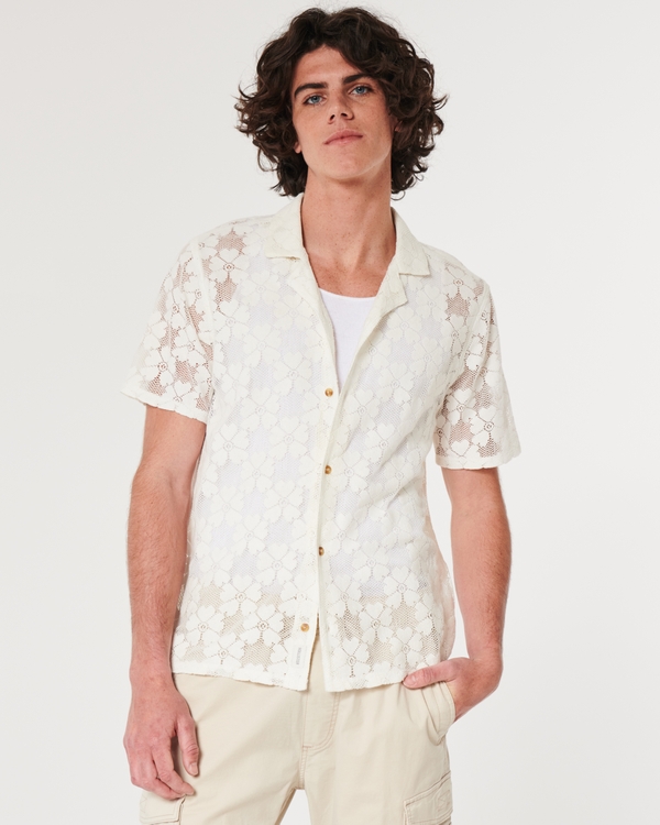 Relaxed Short-Sleeve Floral Lace Shirt, Off White