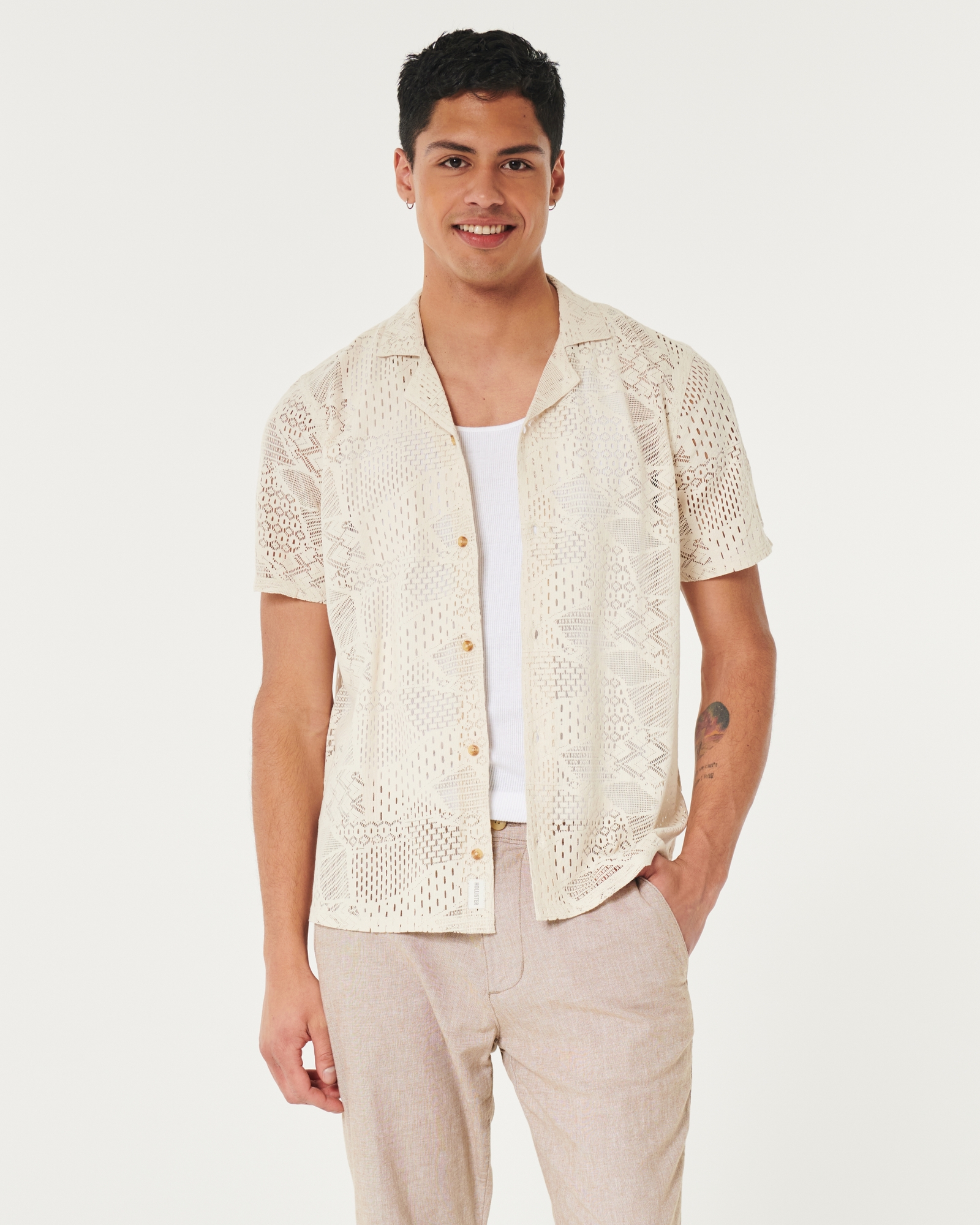 Men's Relaxed Short-Sleeve Floral Lace Shirt