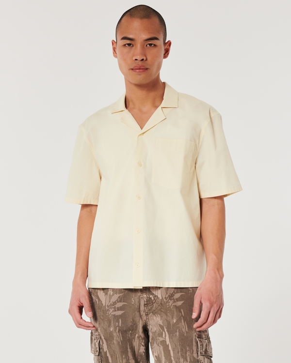 Boxy Cropped Short-Sleeve Poplin Shirt, Cream