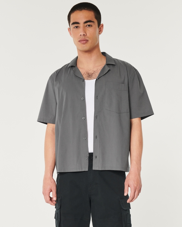 Boxy Cropped Short-Sleeve Poplin Shirt, Dark Grey