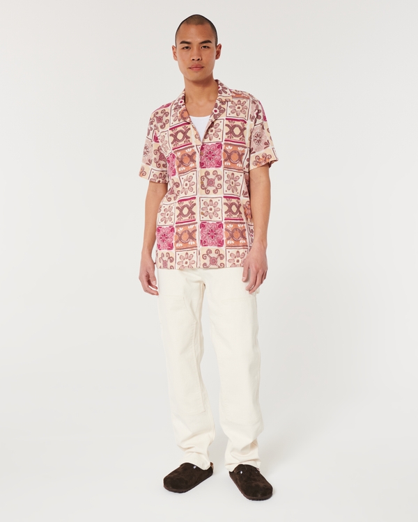 Hollister★半袖 リネンMIX ボタン留め カジュアル シャツ★花柄 Men's Boxy Linen-Blend Lobster Pattern Shirt | Men's Tops
