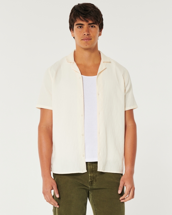 Short-Sleeve Textured Cotton Shirt, Cream