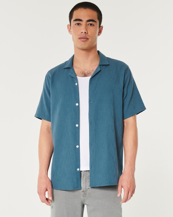 Short-Sleeve Textured Cotton Shirt, Dark Teal