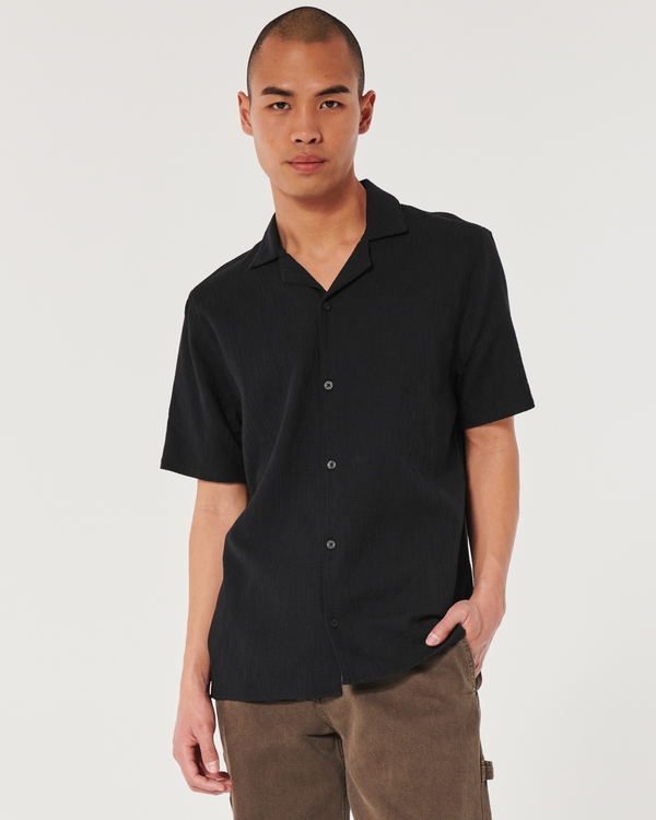 Short-Sleeve Textured Cotton Shirt, Black