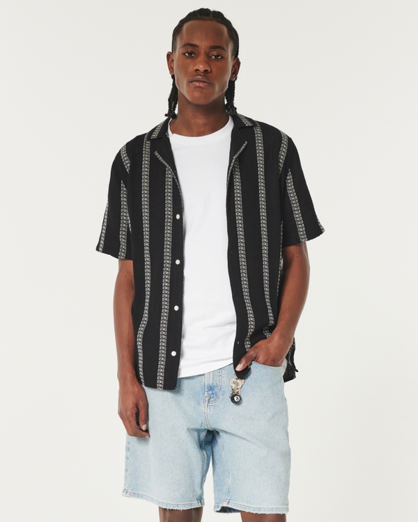 Boxy Short-Sleeve Striped Shirt, Black Stripe