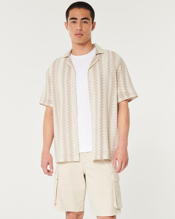 Short-Sleeve Crochet-Style Shirt, Tan Stripe