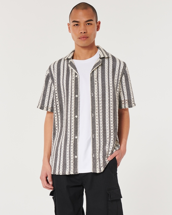 Short-Sleeve Lace + Crochet-Style Shirt, Black And White Stripe