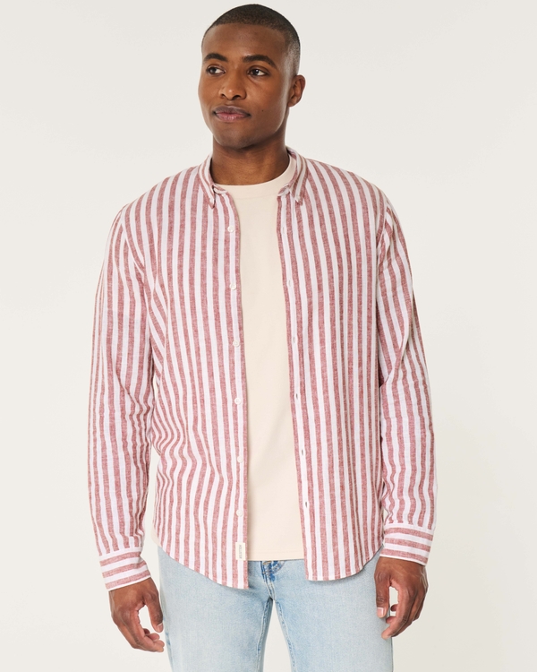 Linen-Blend Shirt, Burgundy Stripe