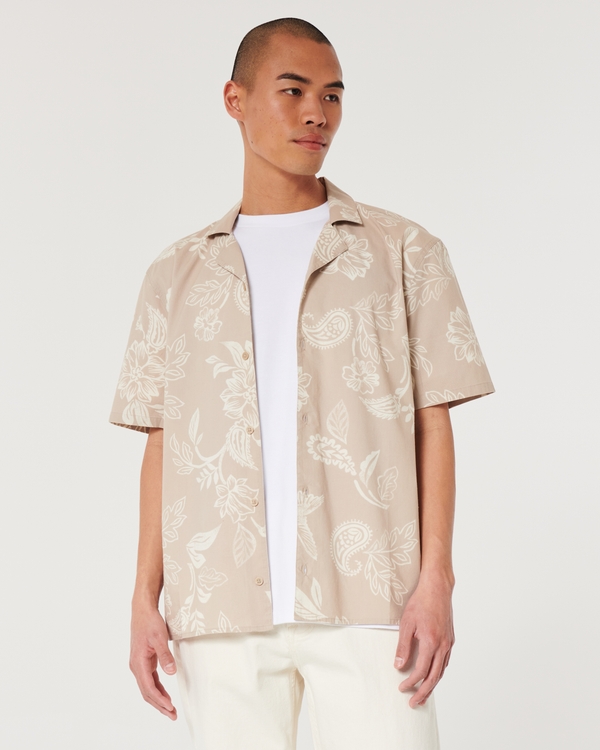 Short-Sleeve Paisley Poplin Shirt, Taupe Pattern