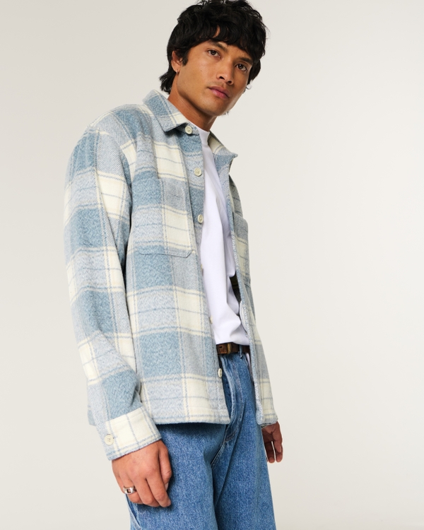 Oversized Brushed Shacket, Light Blue Plaid