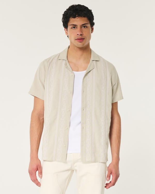 Relaxed Short-Sleeve Embroidered Pattern Shirt, Tan