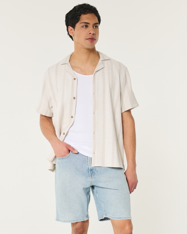 Boxy Short-Sleeve Textured Shirt, Cream Stripe