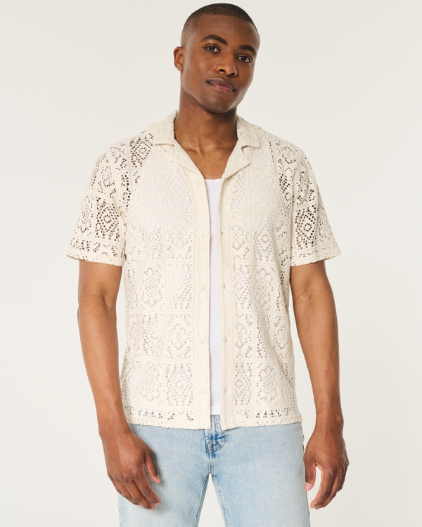 Relaxed Short-Sleeve Lace Shirt, Cream Dd