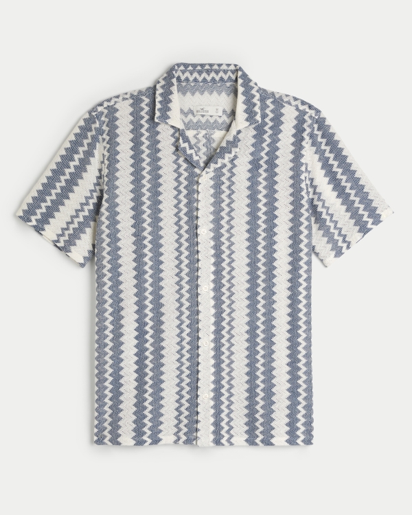 Short-Sleeve Pattern Lace Shirt, Navy Stripe