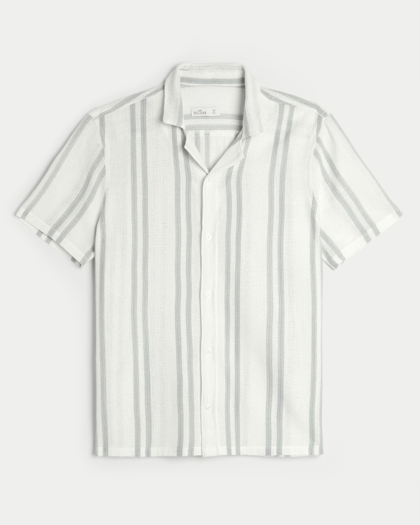 Short-Sleeve Pattern Lace Shirt, Cream Stripe