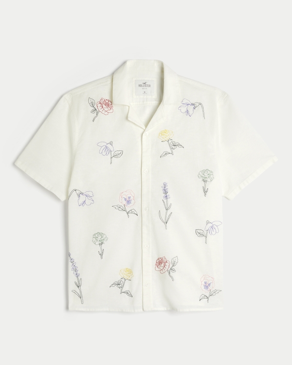 Pride Boxy Floral Embroidery Short-Sleeve Shirt, Cream